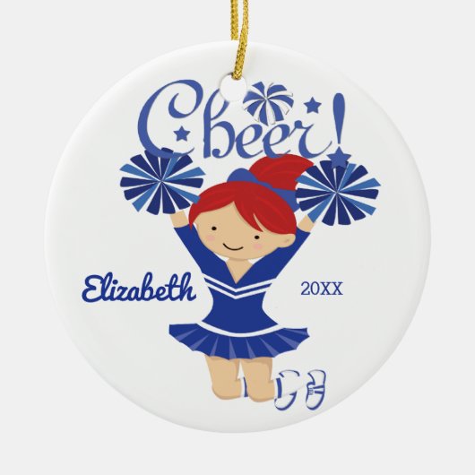 Blue & White Cheer Red Hair Cheerleader Ornament (Voorkant)