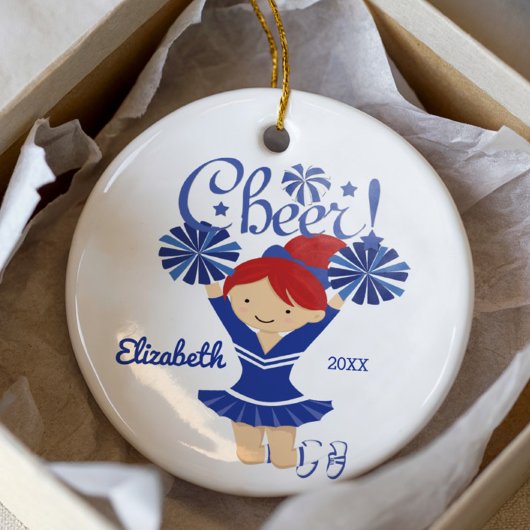 Blue & White Cheer Red Hair Cheerleader Ornament