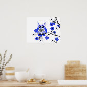 Blue White Cherry Blossom Owl Poster (Keuken)