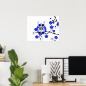 Blue White Cherry Blossom Owl Poster (Thuiskantoor)