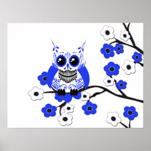 Blue White Cherry Blossom Owl Poster