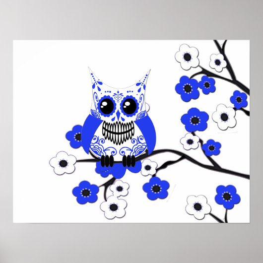 Blue White Cherry Blossom Owl Poster (Voorkant)