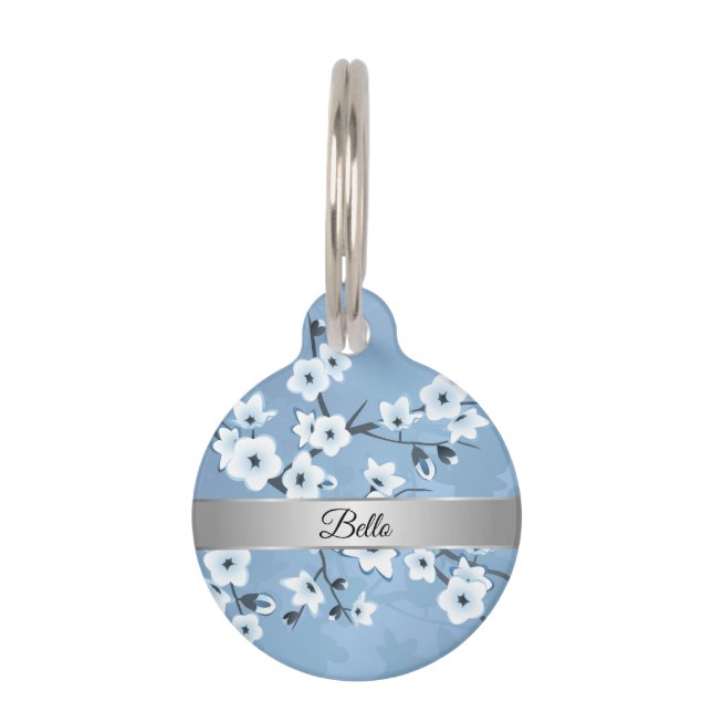 Blue White Cherry Blossom Silver Huisdierpenning (Voorkant)
