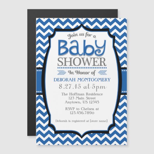 Blue White Chevron Magnetic Baby shower Invite Magnetische Uitnodiging (Voorkant / Achterkant)