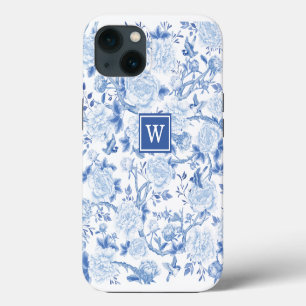 Blue White Chinoiserie Bird Peony Garden Monogram iPhone 13 Hoesje