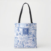 Blue White Chinoiserie Bird Peony Garden Monogram Tote Bag (Voorkant)