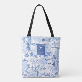 Blue White Chinoiserie Bird Peony Garden Monogram Tote Bag (Achterkant)