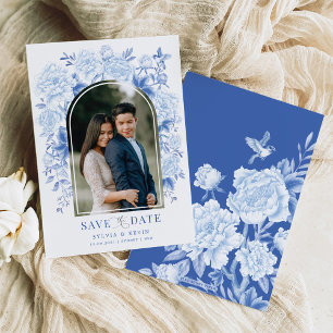 Blue White Chinoiserie Bird Peony Save the Date Kaart