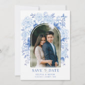 Blue White Chinoiserie Bird Peony Save the Date Kaart (Voorkant)