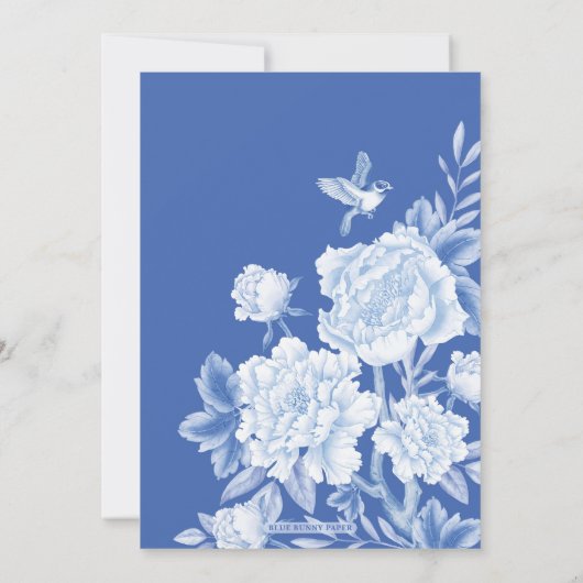 Blue White Chinoiserie Bird Peony Save the Date Kaart (Achterkant)