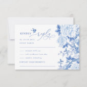 Blue White Chinoiserie Bird Peony Wedding RSVP Kaart (Voorkant)