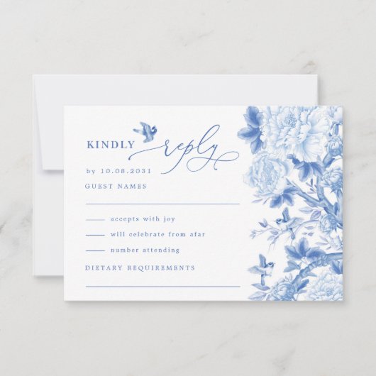 Blue White Chinoiserie Bird Peony Wedding RSVP Kaart (Voorkant)