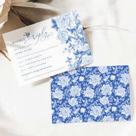Blue White Chinoiserie Bird Peony Wedding RSVP Kaart
