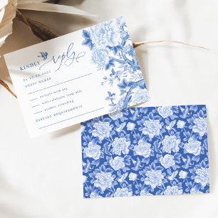 Blue White Chinoiserie Bird Peony Wedding RSVP Kaart