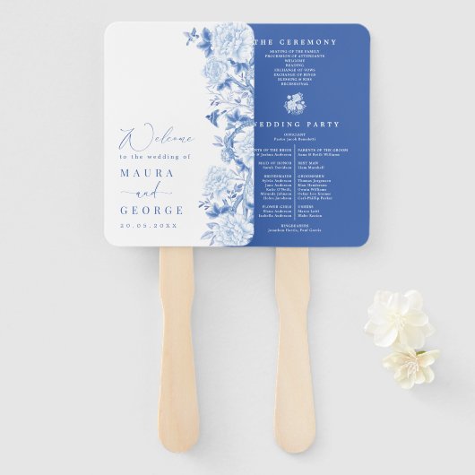 Blue White Chinoiserie Birds Peony Wedding Program Handwaaier (Voorkant en achterkant)