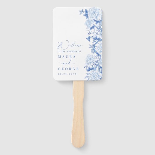 Blue White Chinoiserie Birds Peony Wedding Program Handwaaier (Voorkant)