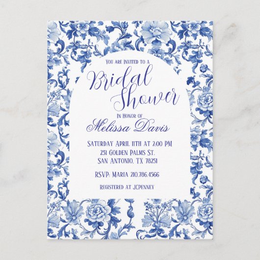 Blue & White Chinoiserie Bridal Shower Invitation Briefkaart (Voorkant)