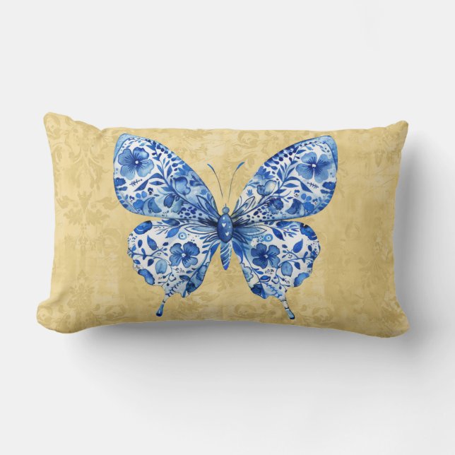 Blue White Chinoiserie Butterfly Sierkussen Kussen (Voorkant)