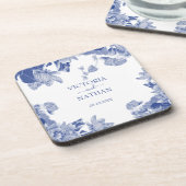 Blue White Chinoiserie Chic Floral Wedding Bier Onderzetter (Linkerzijde)