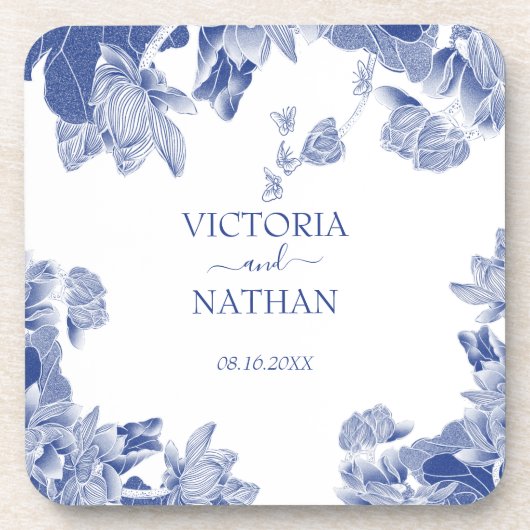 Blue White Chinoiserie Chic Floral Wedding Bier Onderzetter (Voorkant)