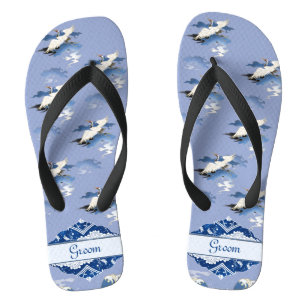  Blue White Chinoiserie Crane Wedding Groom Teenslippers