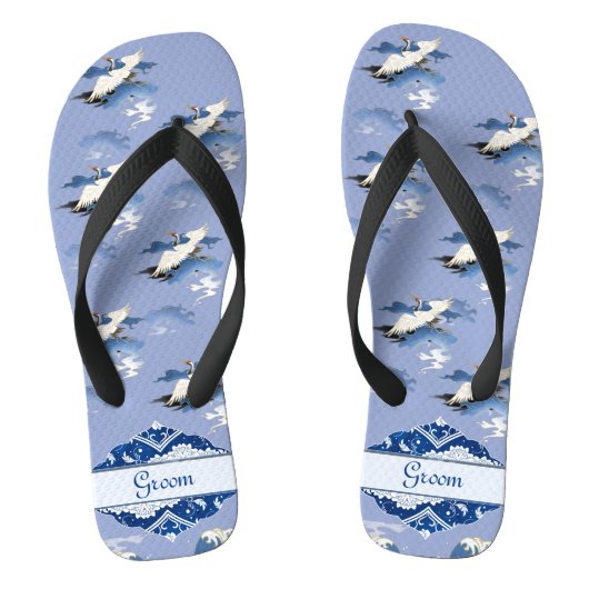  Blue White Chinoiserie Crane Wedding Groom Teenslippers (Voetbed)