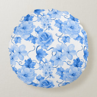 Blue & White Chinoiserie Floral Botanical Print Rond Kussen