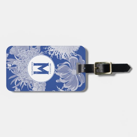 Blue White  Chinoiserie Floral Monogram Bagagelabel (Voorkant horizontaal)