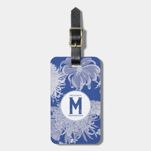 Blue White  Chinoiserie Floral Monogram Bagagelabel (Voorkant verticaal)