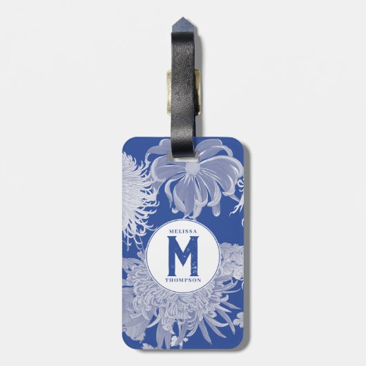 Blue White  Chinoiserie Floral Monogram Bagagelabel (Achterkant verticaal)