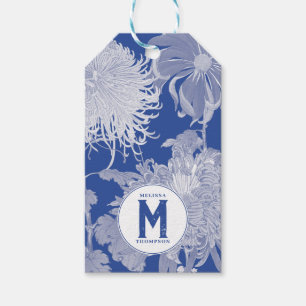Blue White  Chinoiserie Floral Monogram Cadeaulabel