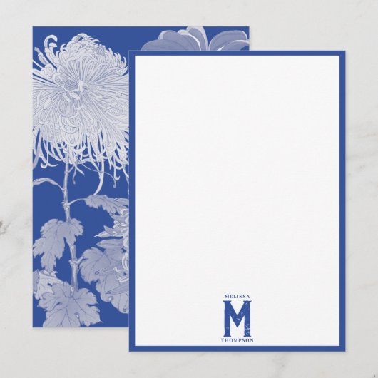 Blue White  Chinoiserie Floral Monogram Notitiekaartje (Voorkant / Achterkant)