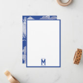 Blue White  Chinoiserie Floral Monogram Notitiekaartje (Voorkant / Achterkant in situ)