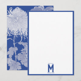 Blue White  Chinoiserie Floral Monogram Notitiekaartje