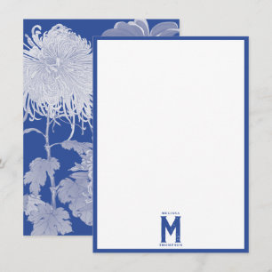 Blue White  Chinoiserie Floral Monogram Notitiekaartje