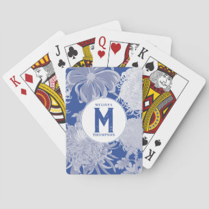 Blue White  Chinoiserie Floral Monogram Pokerkaarten