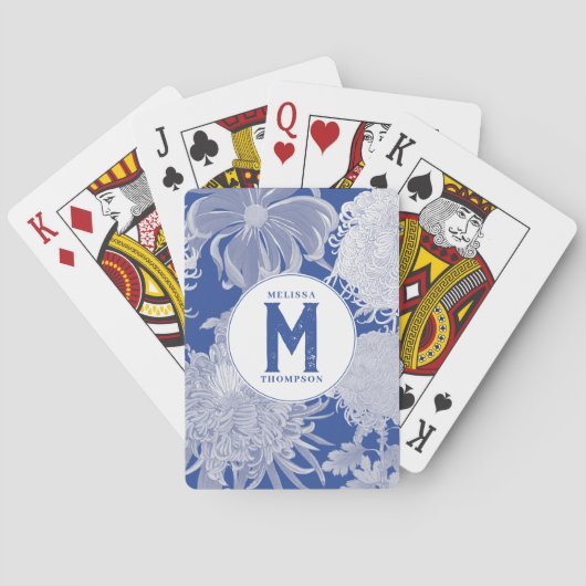 Blue White  Chinoiserie Floral Monogram Pokerkaarten (Achterkant)
