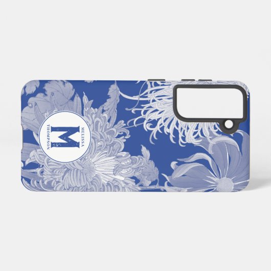 Blue White  Chinoiserie Floral Monogram Samsung Galaxy Hoesje (Achterkant horizontaal)