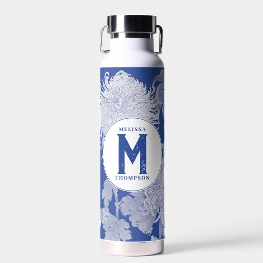 Blue White  Chinoiserie Floral Monogram Waterfles (Voorkant)