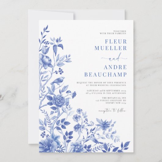 Blue White Chinoiserie Floral Porcelain Wedding Kaart (Voorkant)