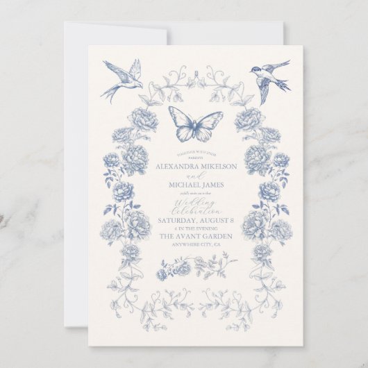 Blue White Chinoiserie Floral Porcelain Wedding Kaart (Voorkant)