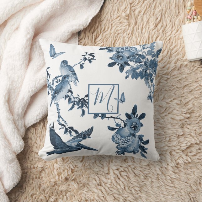Blue White Chinoiserie Floral Stylish Monogram Kussen (Deken)