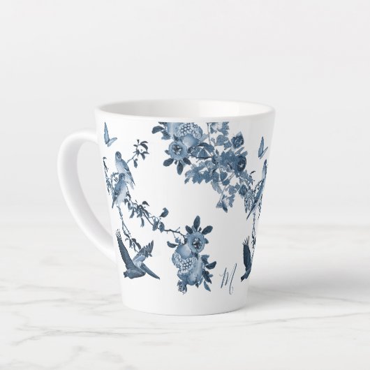 Blue White Chinoiserie Floral Stylish Monogram Latte Mok (Linkerhoek)