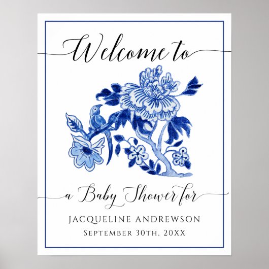 Blue White Chinoiserie Floral Welcome Baby shower Poster (Voorkant)