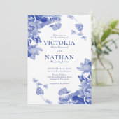 Blue White Chinoiserie Floral with Photo Wedding Kaart (Staand voorkant)