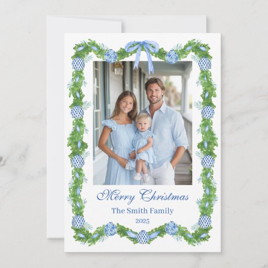 Blue & White Chinoiserie Garland Grandmillenial Feestdagenkaart (Voorkant)