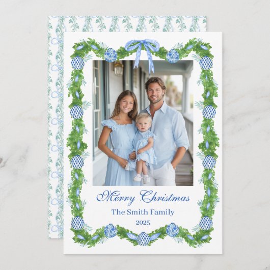 Blue & White Chinoiserie Garland Grandmillenial Feestdagenkaart (Voorkant / Achterkant)