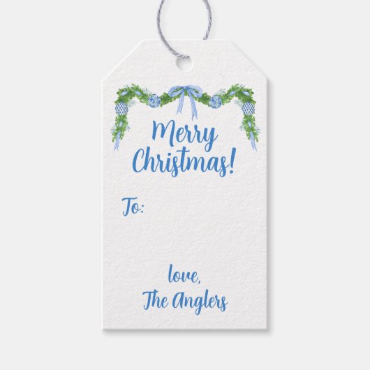 Blue & White Chinoiserie Garland Vakantie Cadeaulabel (Voorkant)