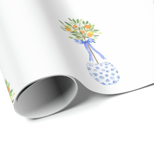 Blue White Chinoiserie Oranje Topiary Cadeaupapier (Rol Hoek)