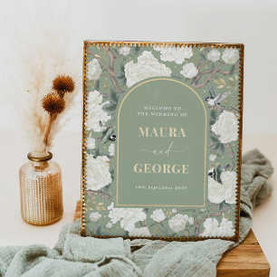 Blue White Chinoiserie Peony Bird Wedding Welcome Poster